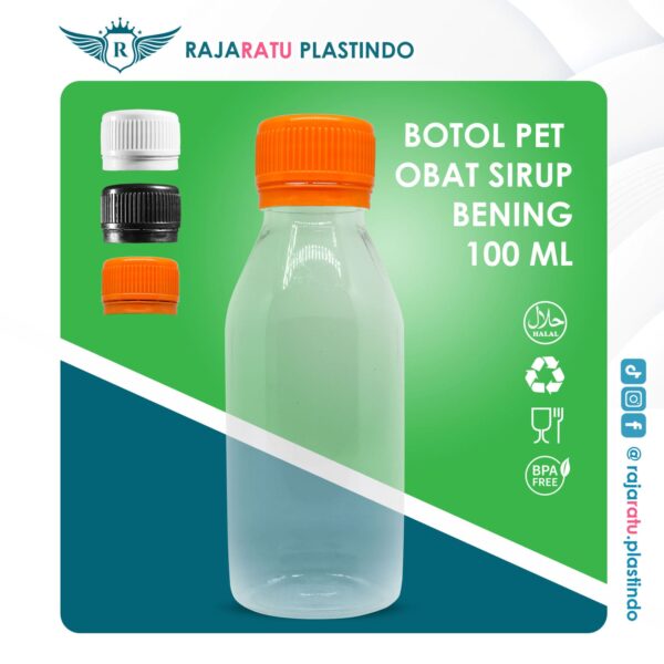 Botol Pet Obat Sirup Bening 100 ml + Setcap Orange