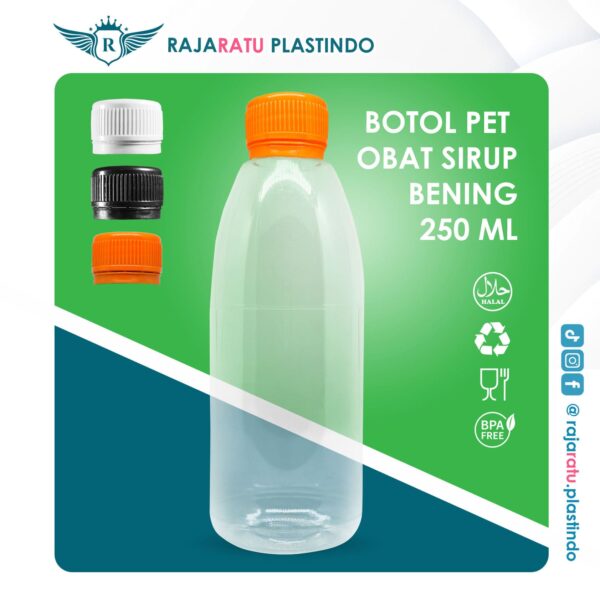 Botol Pet Obat Sirup Bening 250 ml + Setcap Orange