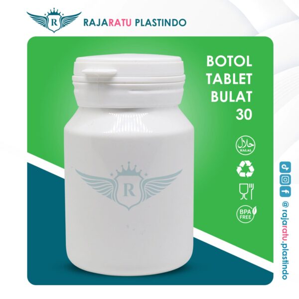 Botol Tablet Bulat 30 Putih + Setcap Lipring